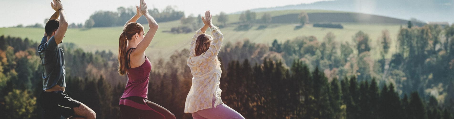 Gruppe macht Qi Gong im Hotelgarten mit herrlichem Ausblick auf Wald und Hügel