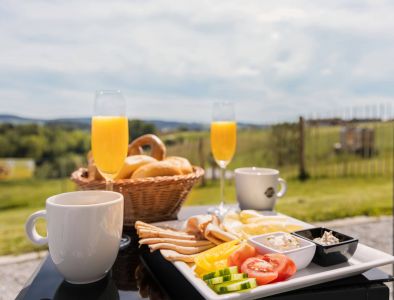 Frühstück vorm Tinymobil mit Blick auf das Donautal